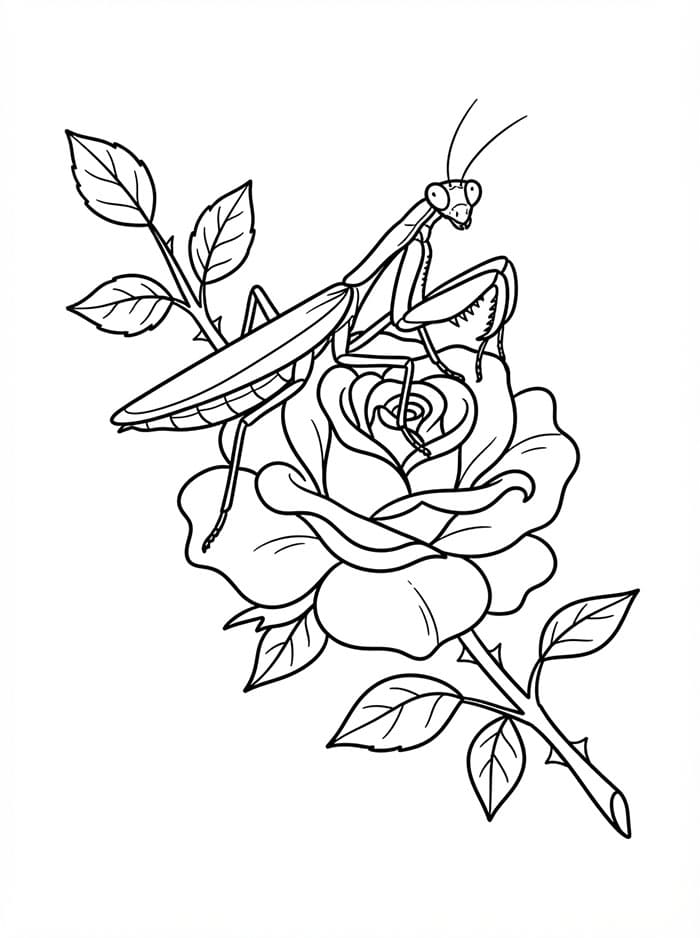 Mantide religiosa su una rosa da colorare