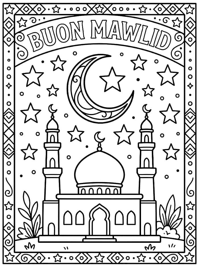 Mawlid con Luna e Moschea da colorare
