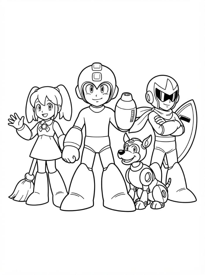 Mega Man con i suoi amici robot da colorare