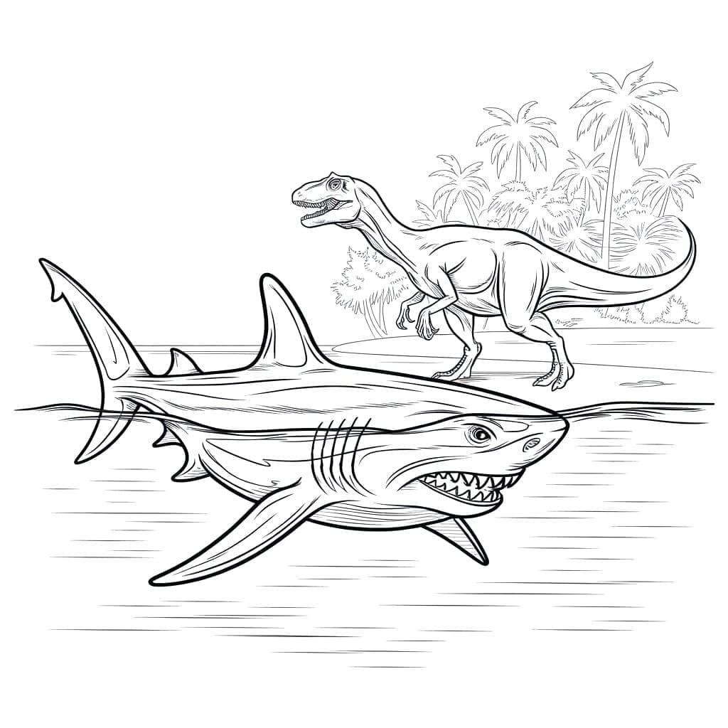 Megalodonte con dinosauro da colorare