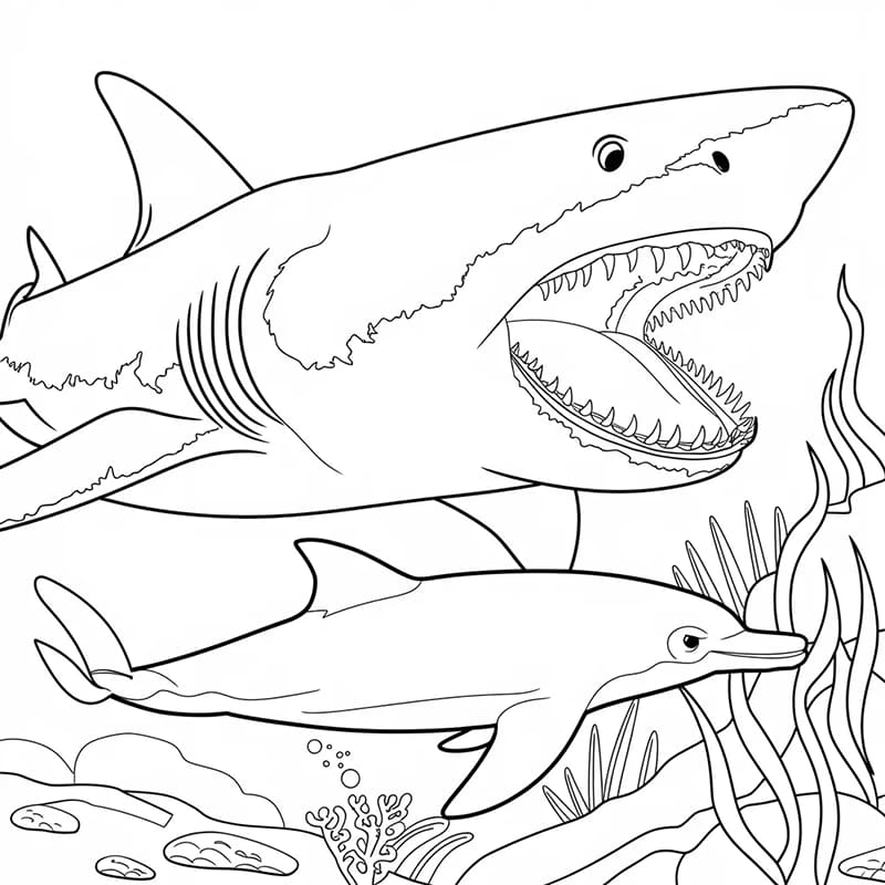 Megalodonte e delfino da colorare