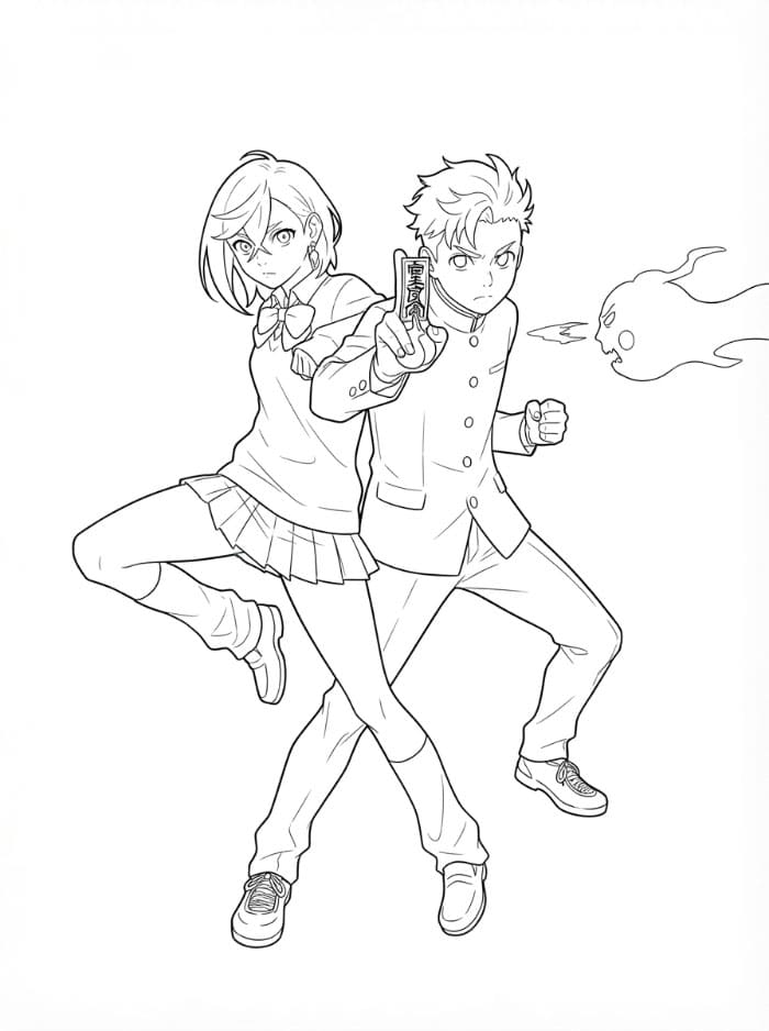 Momo e Okarun che combattono da colorare