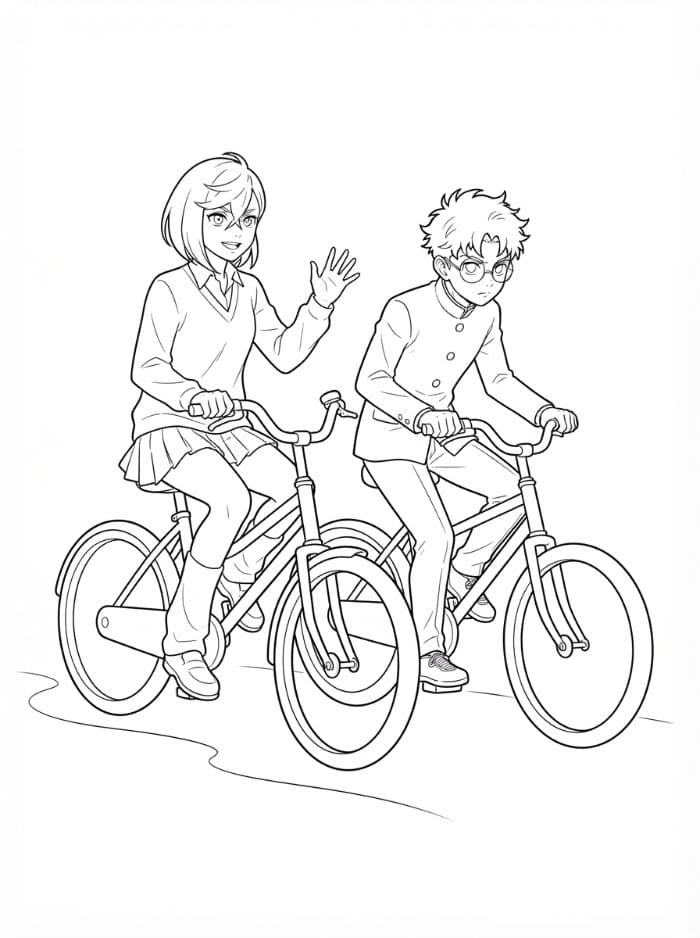 Momo e Okarun in bicicletta da colorare