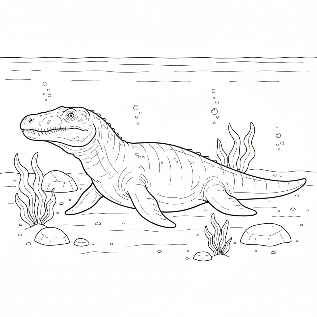 Mosasauro a riposo sul fondale marino da colorare