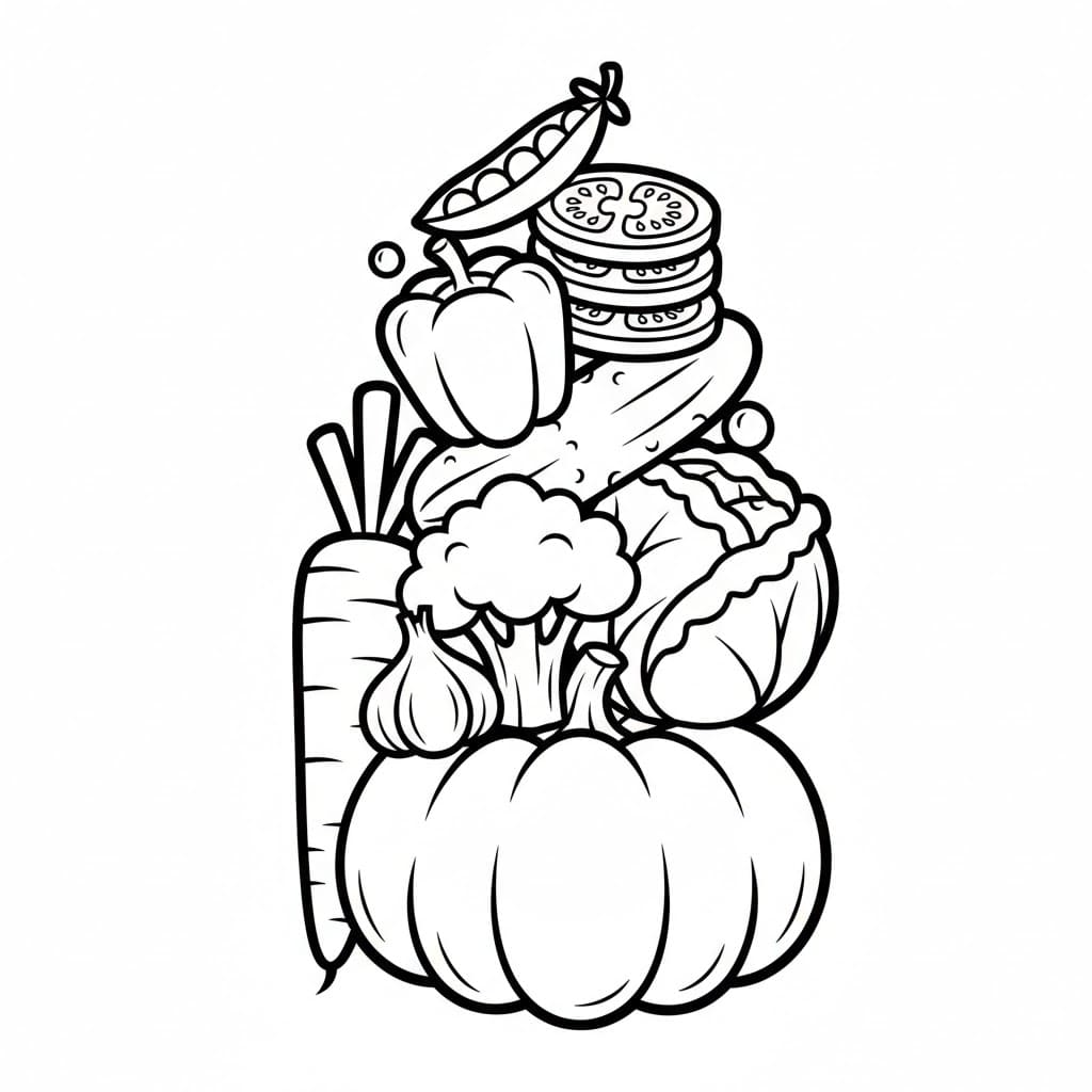 Mucchio di verdure raccolte da colorare