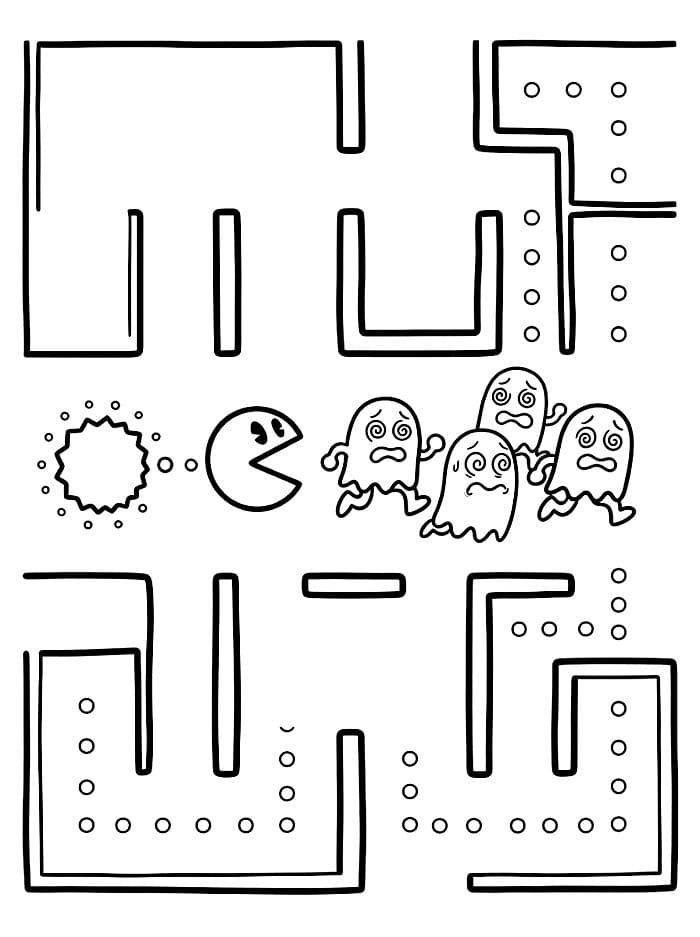 Pac Man che insegue i fantasmi da colorare