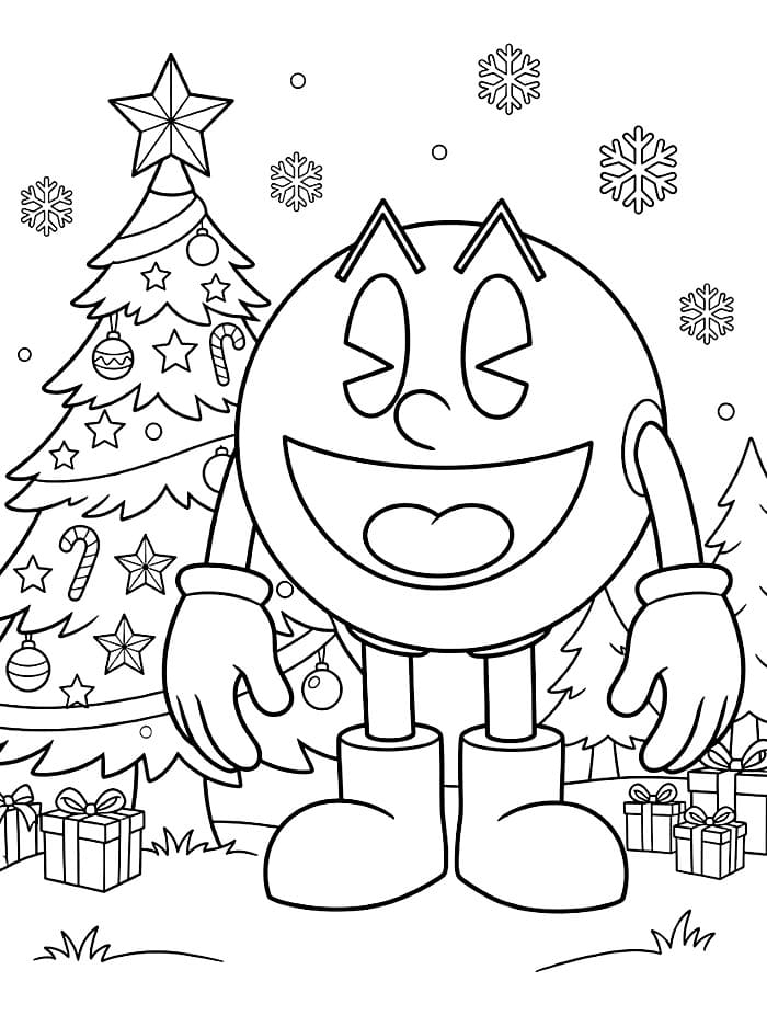 Pac Man vicino all'albero di Natale da colorare