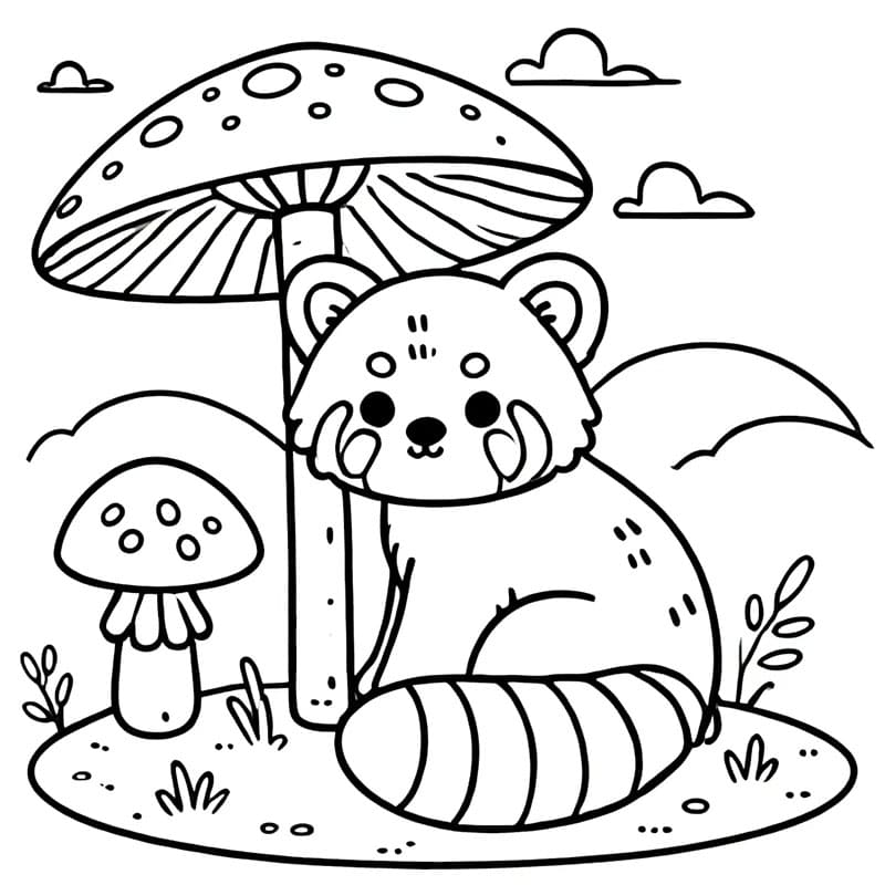 Panda rosso e funghi da colorare