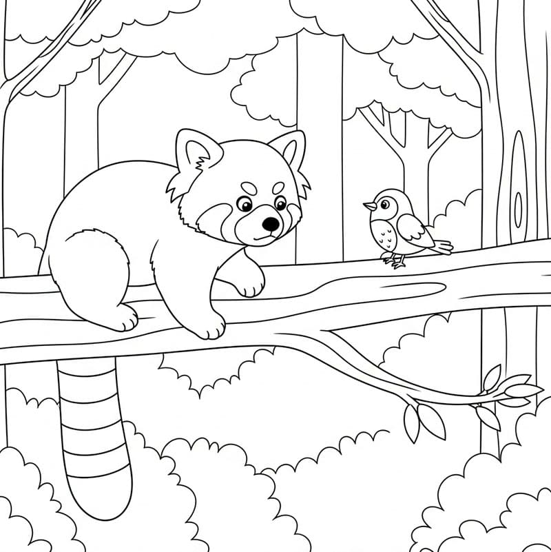 Panda rosso e uccelli da colorare