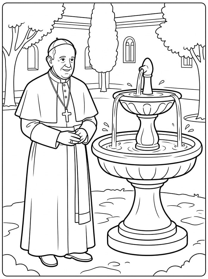 Papa Francesco accanto a una fontana da colorare