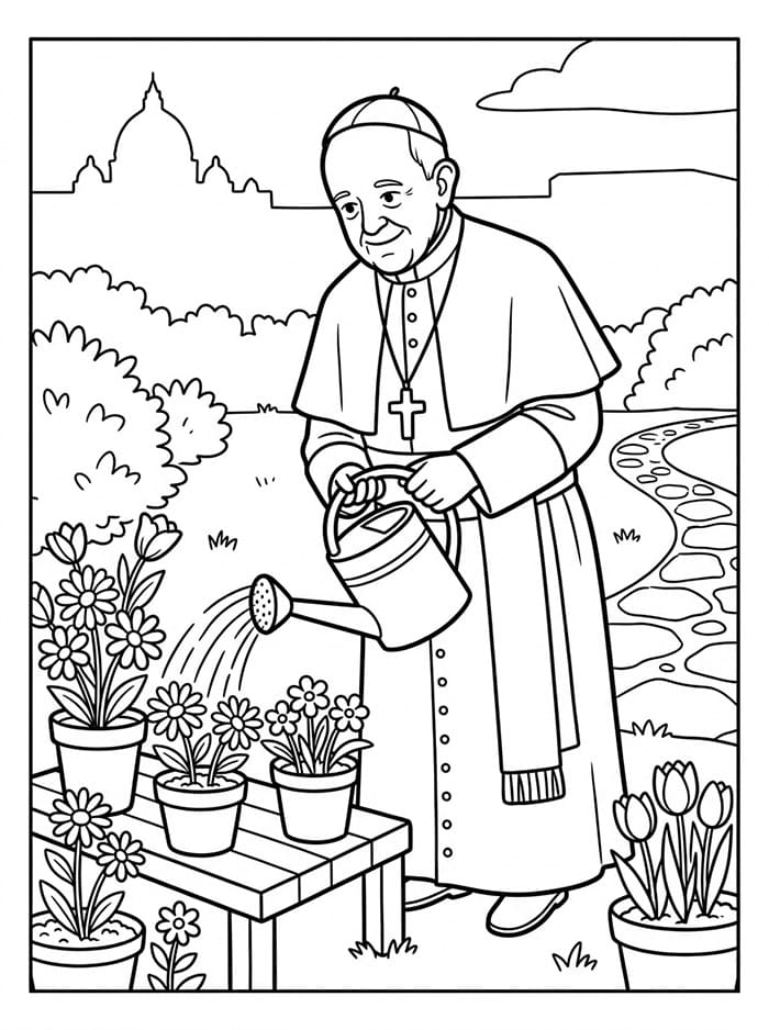 Papa Francesco che annaffia i fiori da colorare