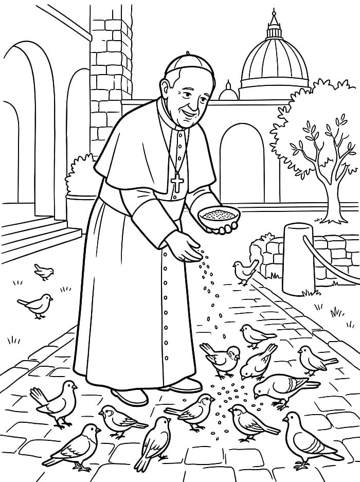 Papa Francesco che dà da mangiare agli uccelli da colorare