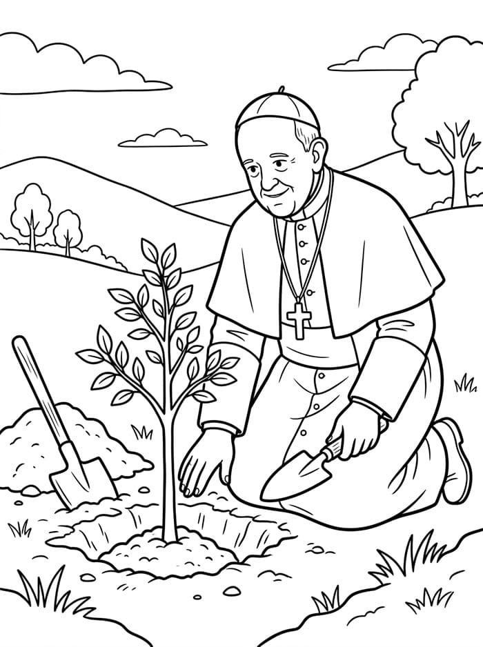 Papa Francesco che pianta un albero da colorare