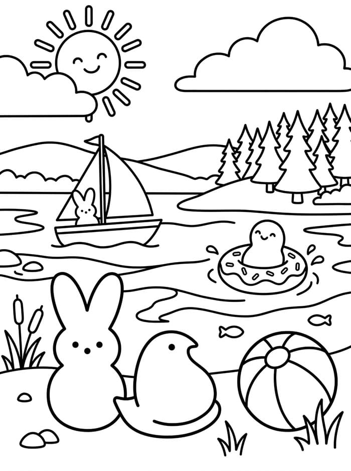 Peeps vicino al lago da colorare
