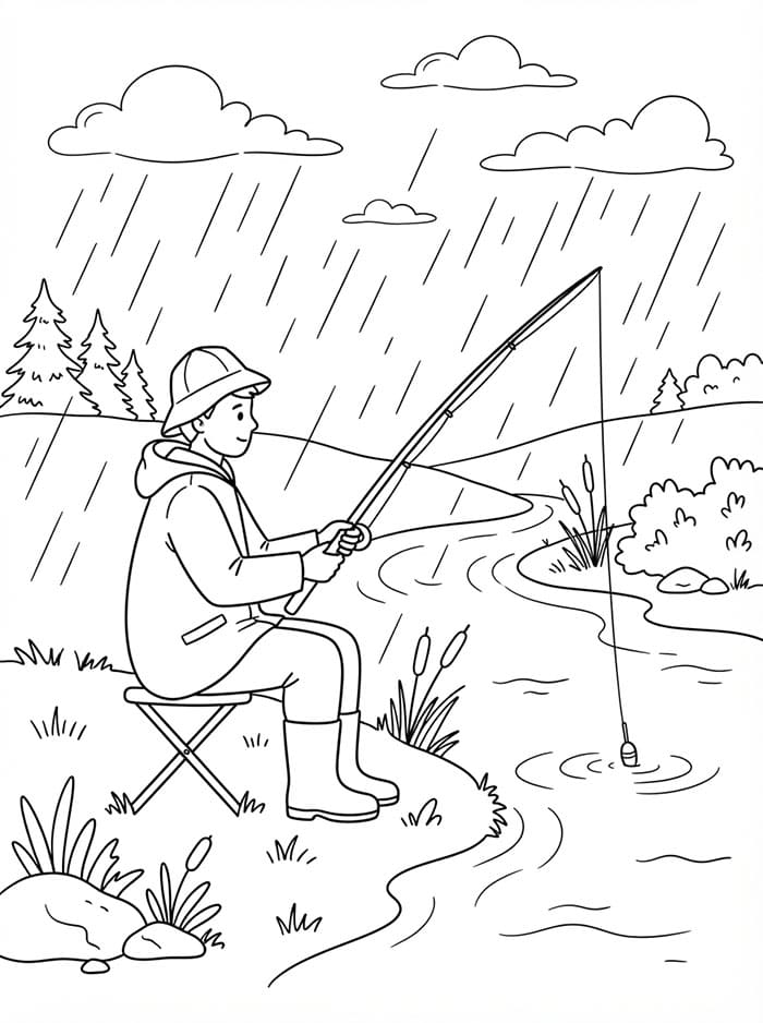 Pesca sotto la pioggia da colorare