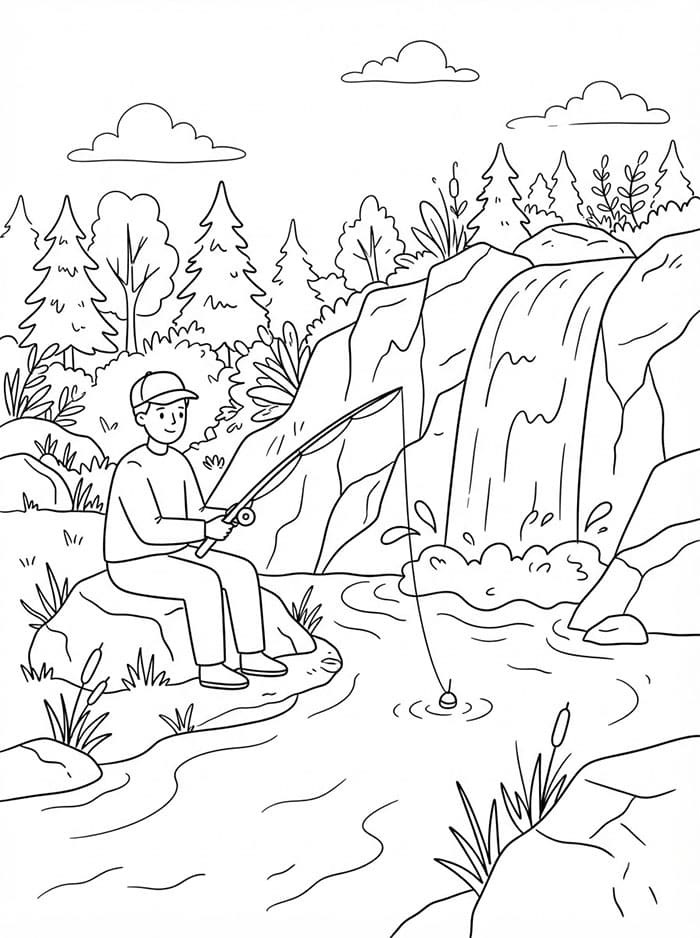 Pesca vicino a una cascata da colorare