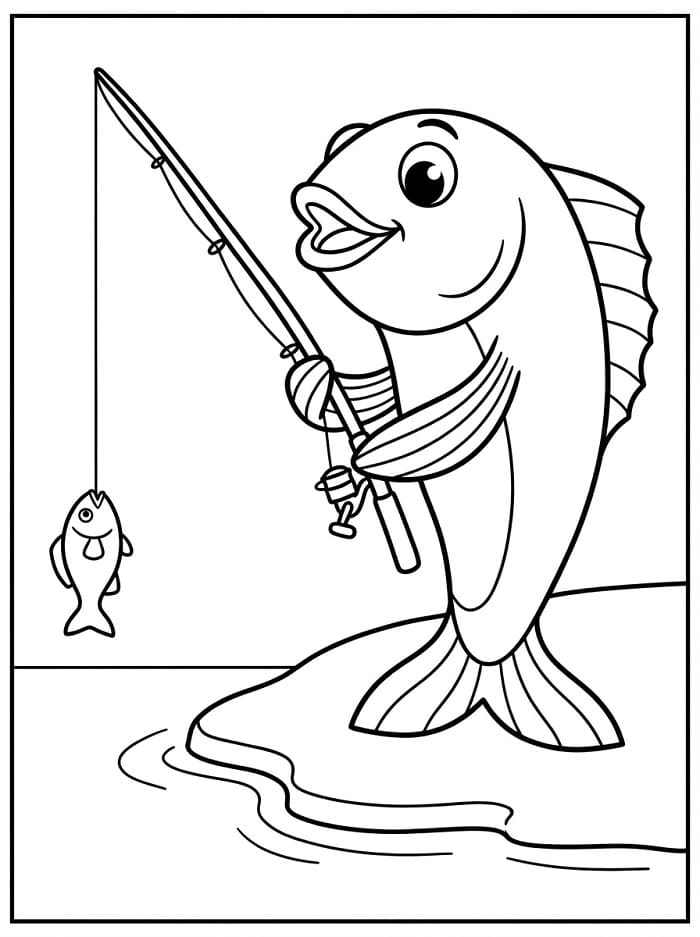 Pesce dei cartoni con canna da pesca da colorare