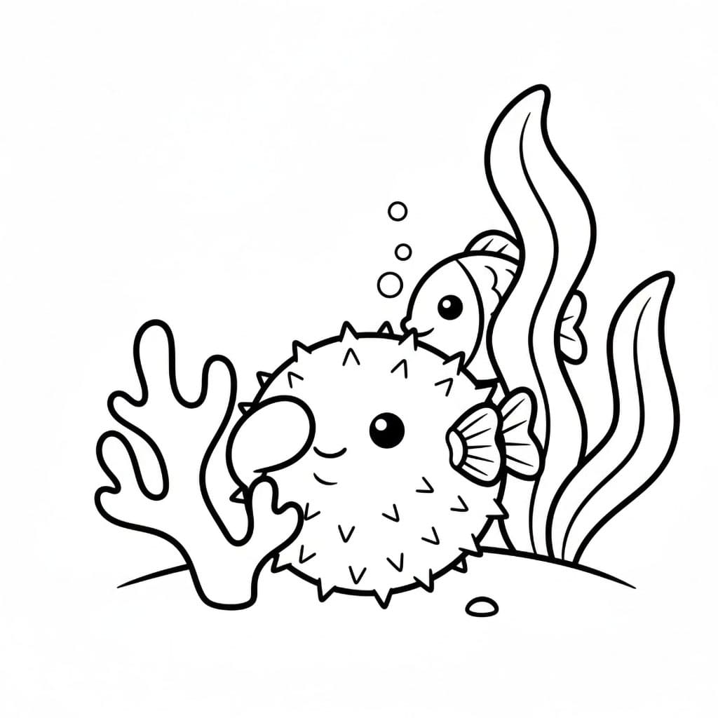 Pesce palla che gioca a nascondino da colorare