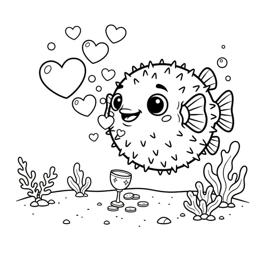 Pesce palla e bolle a forma di cuore da colorare