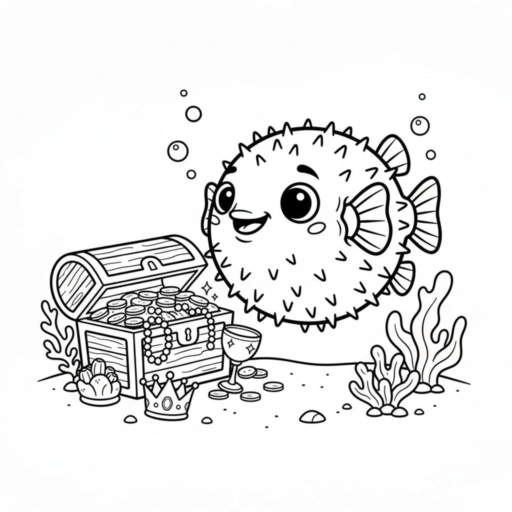 Pesce palla e tesoro da colorare
