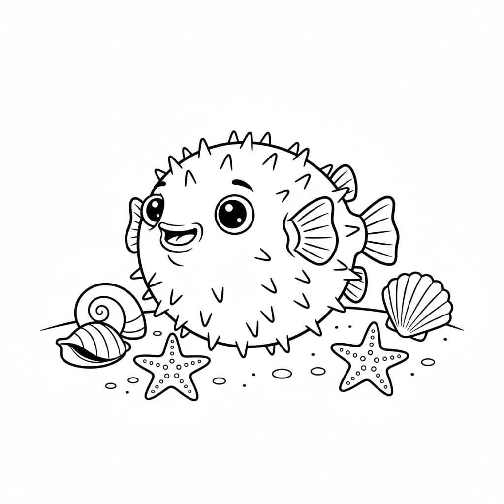 Pesce palla sul fondale marino da colorare