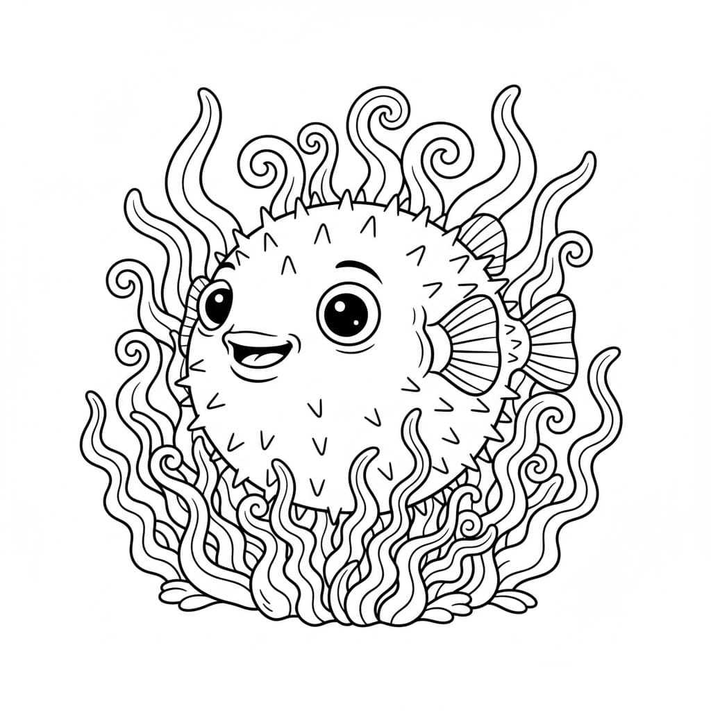 Pesce palla tra le alghe da colorare