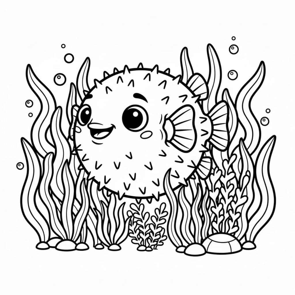 Pesce palla tra le foreste di alghe da colorare