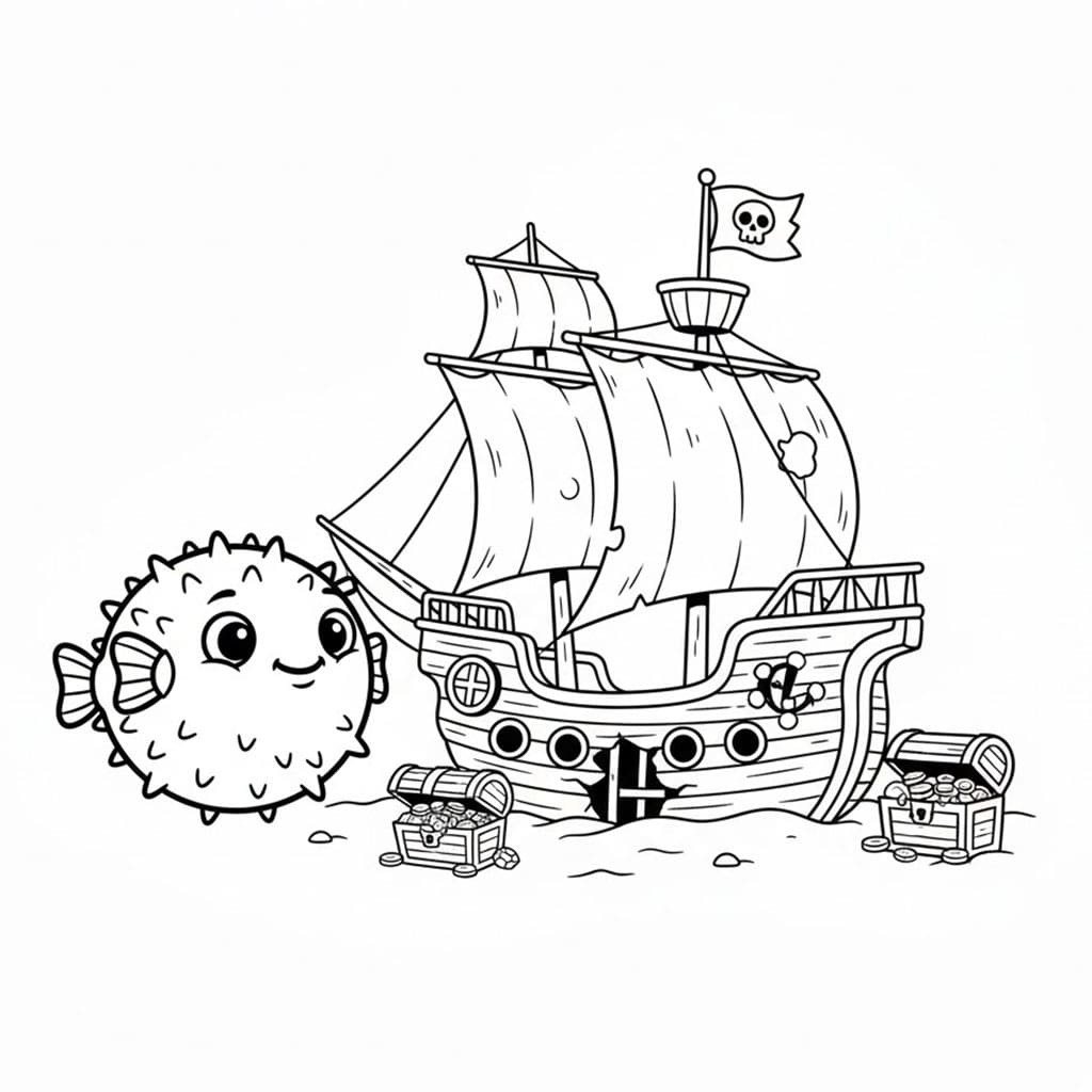 Pesce palla vicino alla nave pirata da colorare