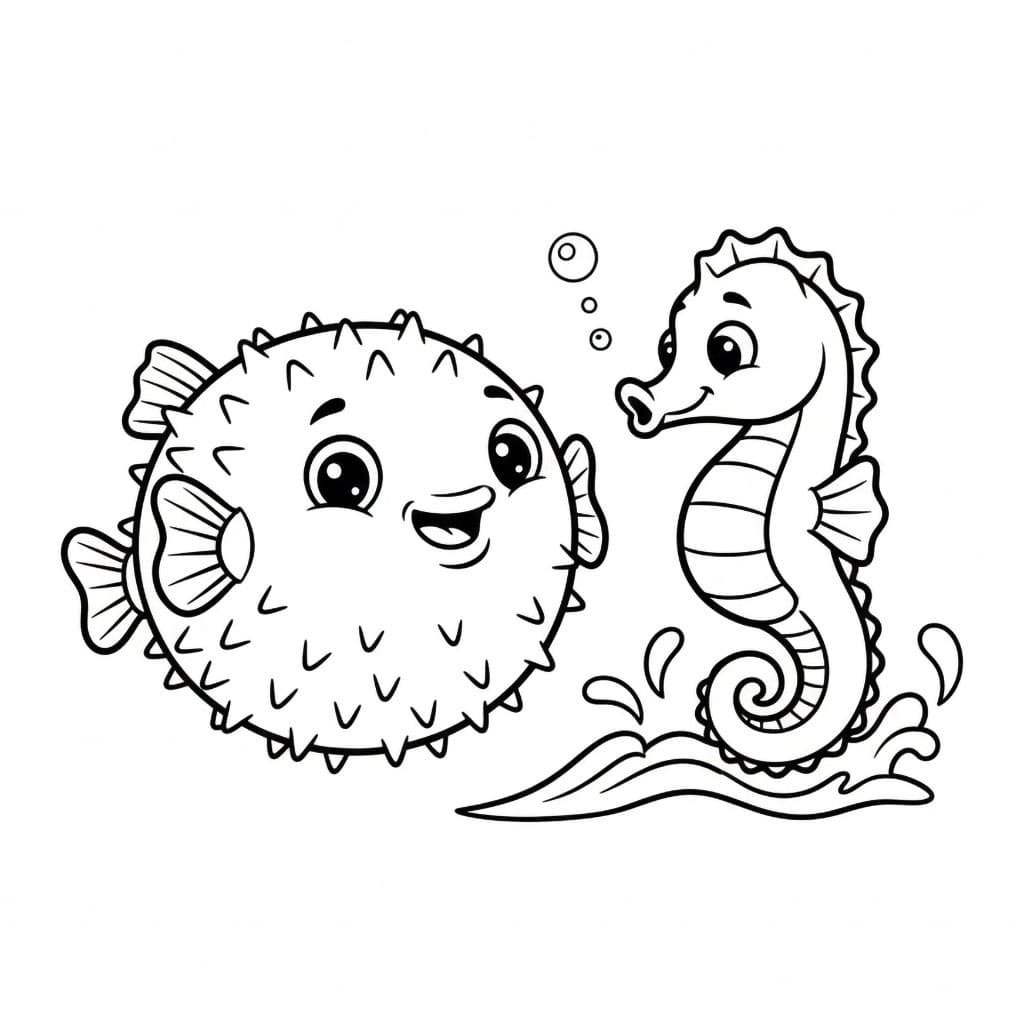 Pesci palla e cavallucci marini da colorare