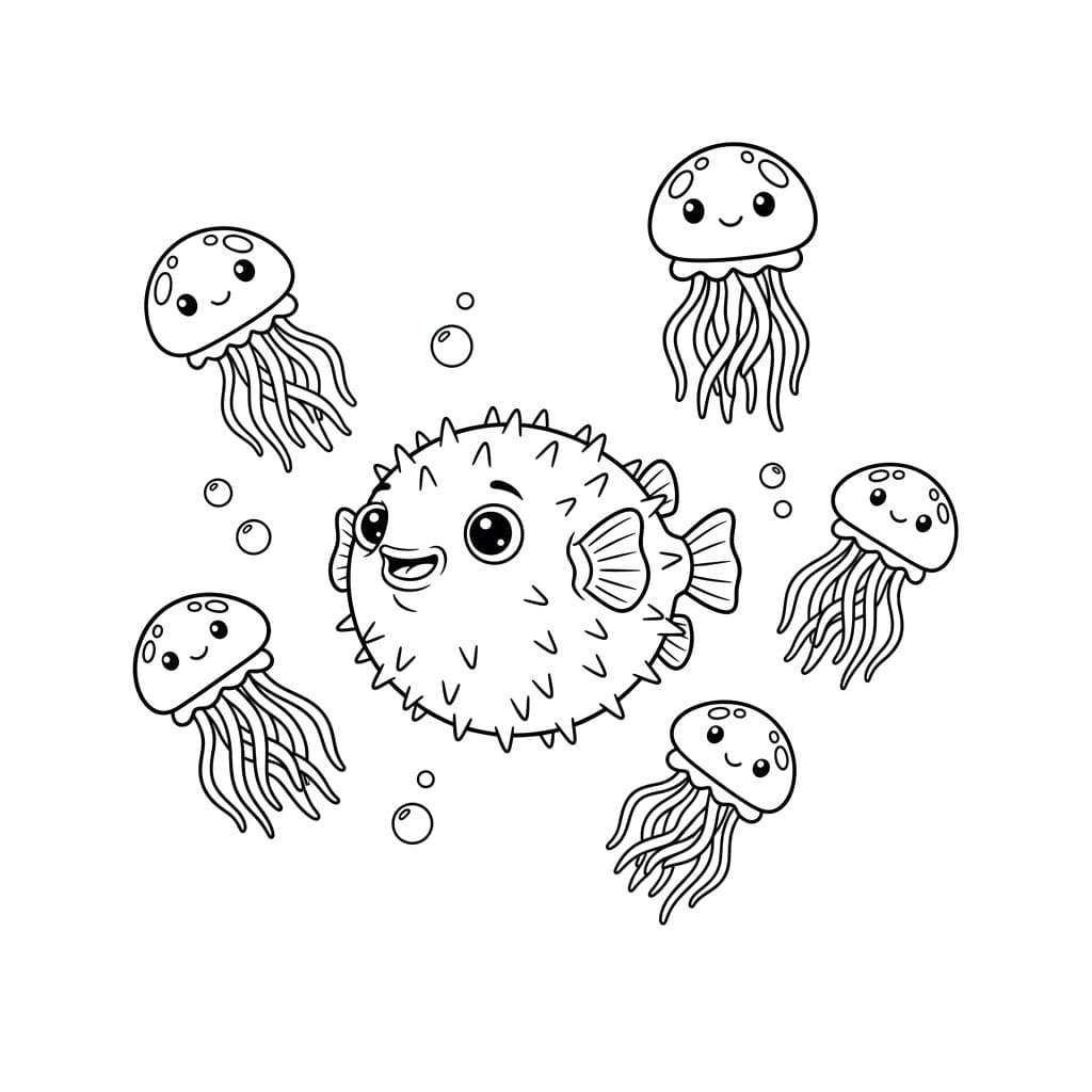 Pesci palla e meduse da colorare