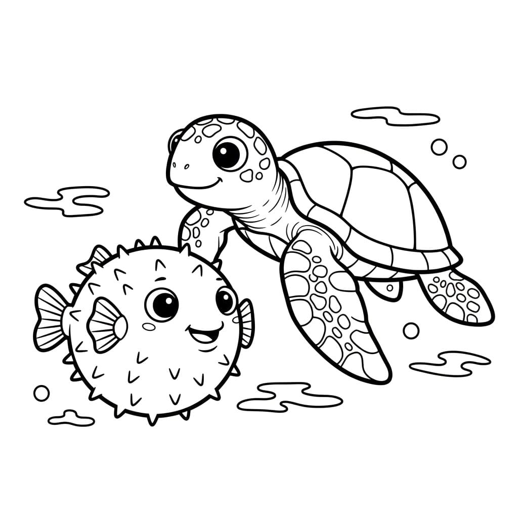 Pesci palla e tartarughe marine da colorare