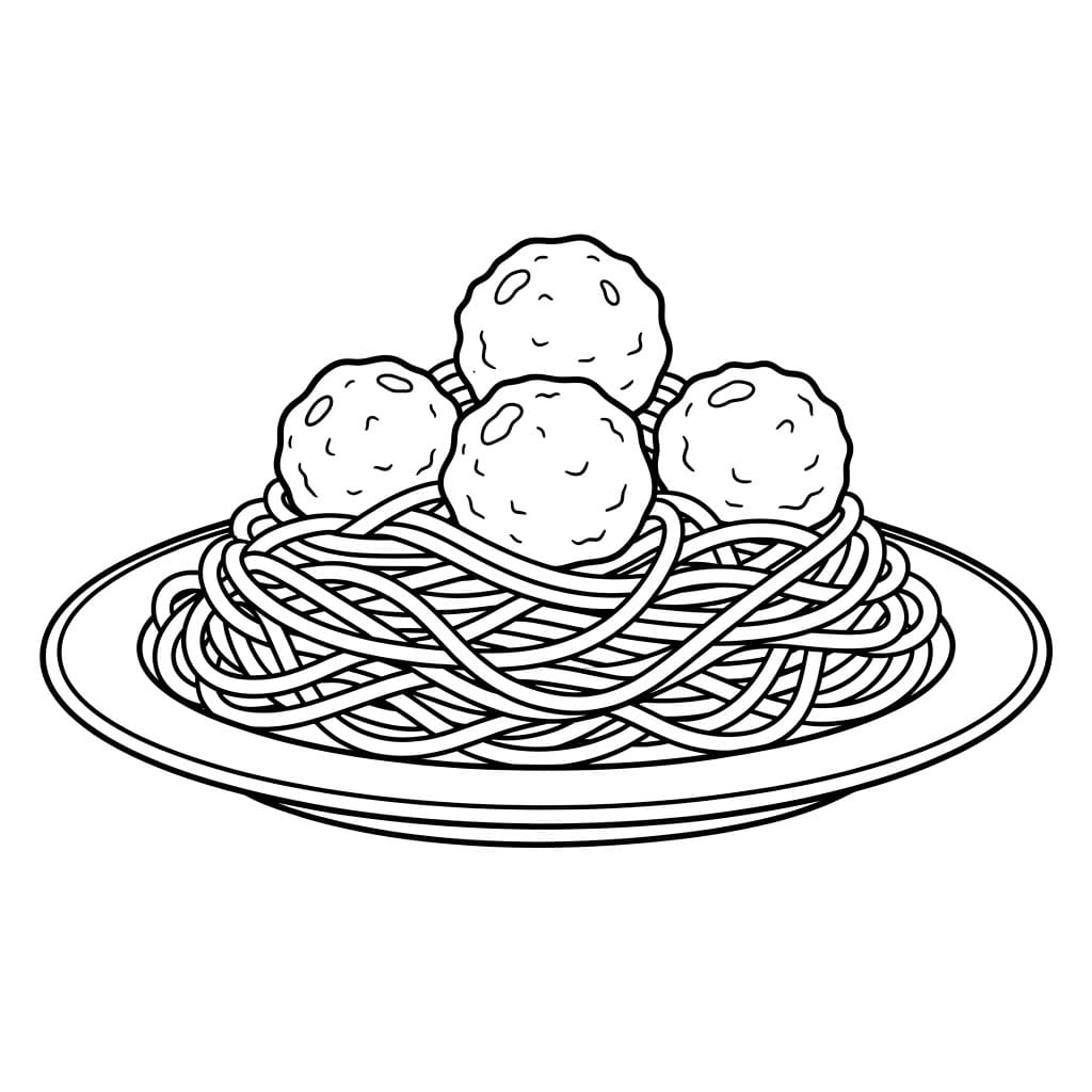 Piatto di spaghetti con polpette da colorare