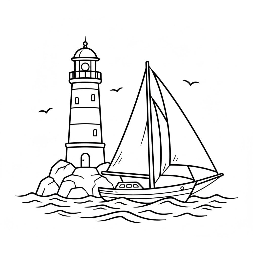 Piccola barca a vela vicino a un faro da colorare