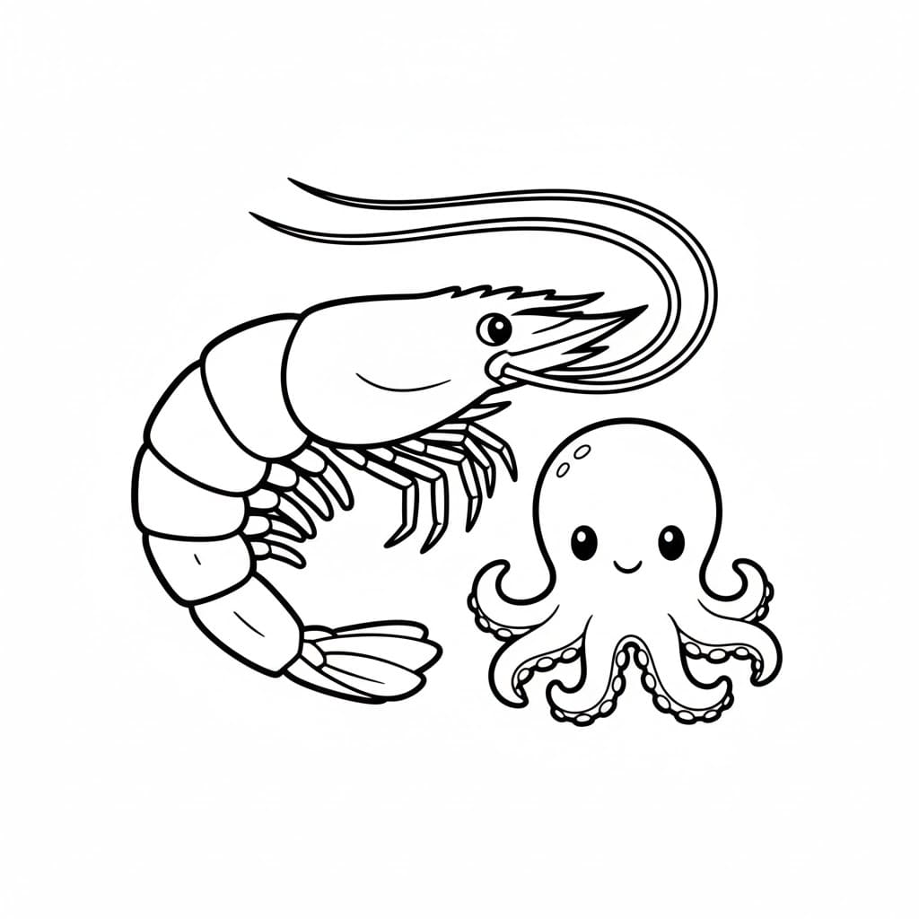 Piccoli gamberetti e polpi da colorare