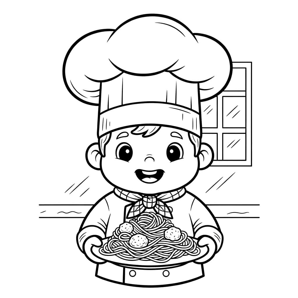 Piccolo chef con spaghetti da colorare