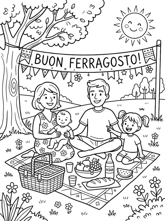 Picnic Familiare Buon Ferragosto da colorare