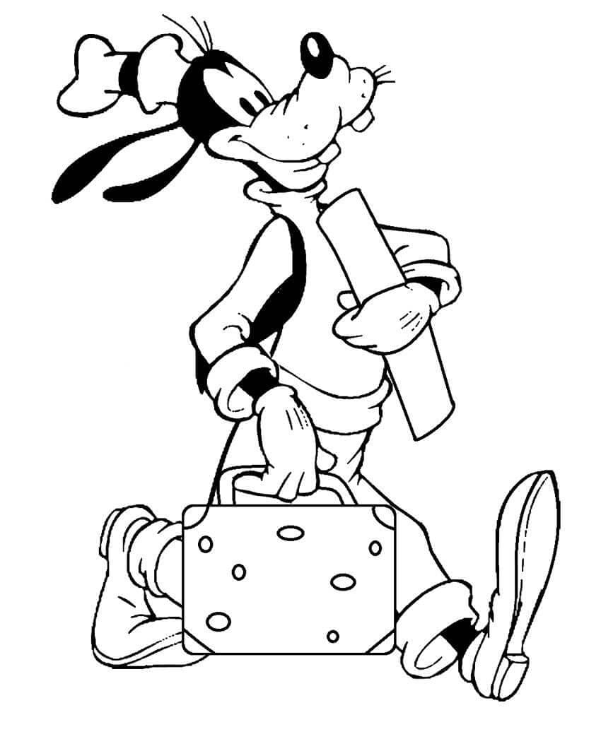 Pippo cammina con la borsa da colorare