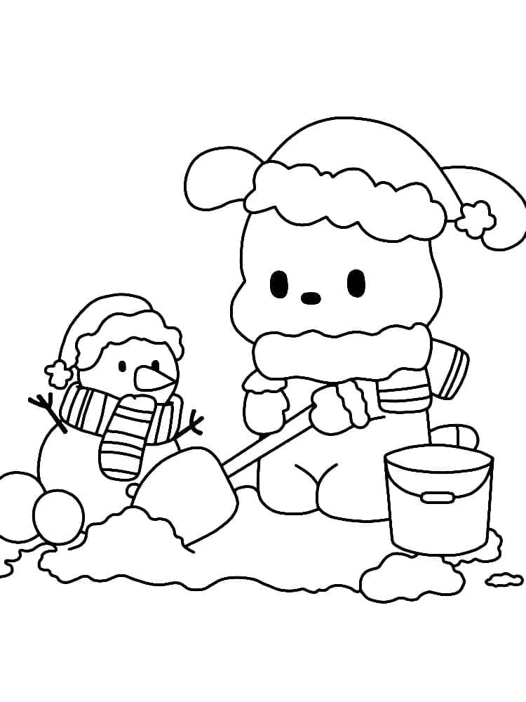 Pochacco e il pupazzo di neve da colorare