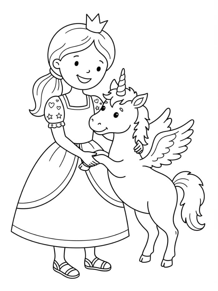 Principessa con unicorno da colorare