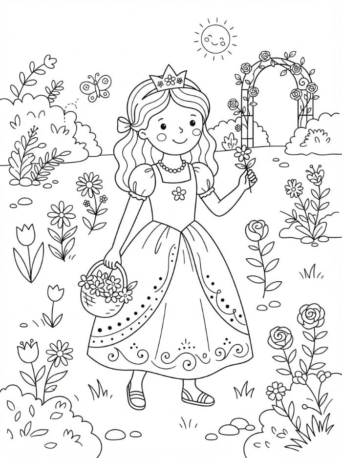 Principessa in un giardino fiorito da colorare