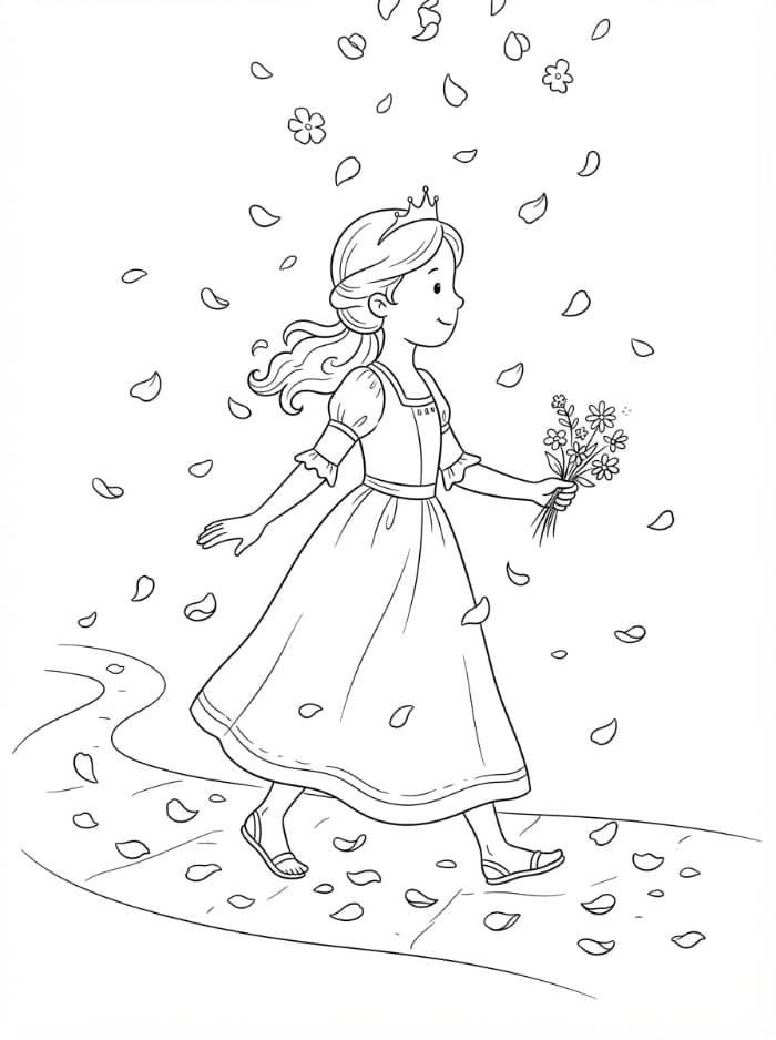 Principessa tra petali che cadono da colorare