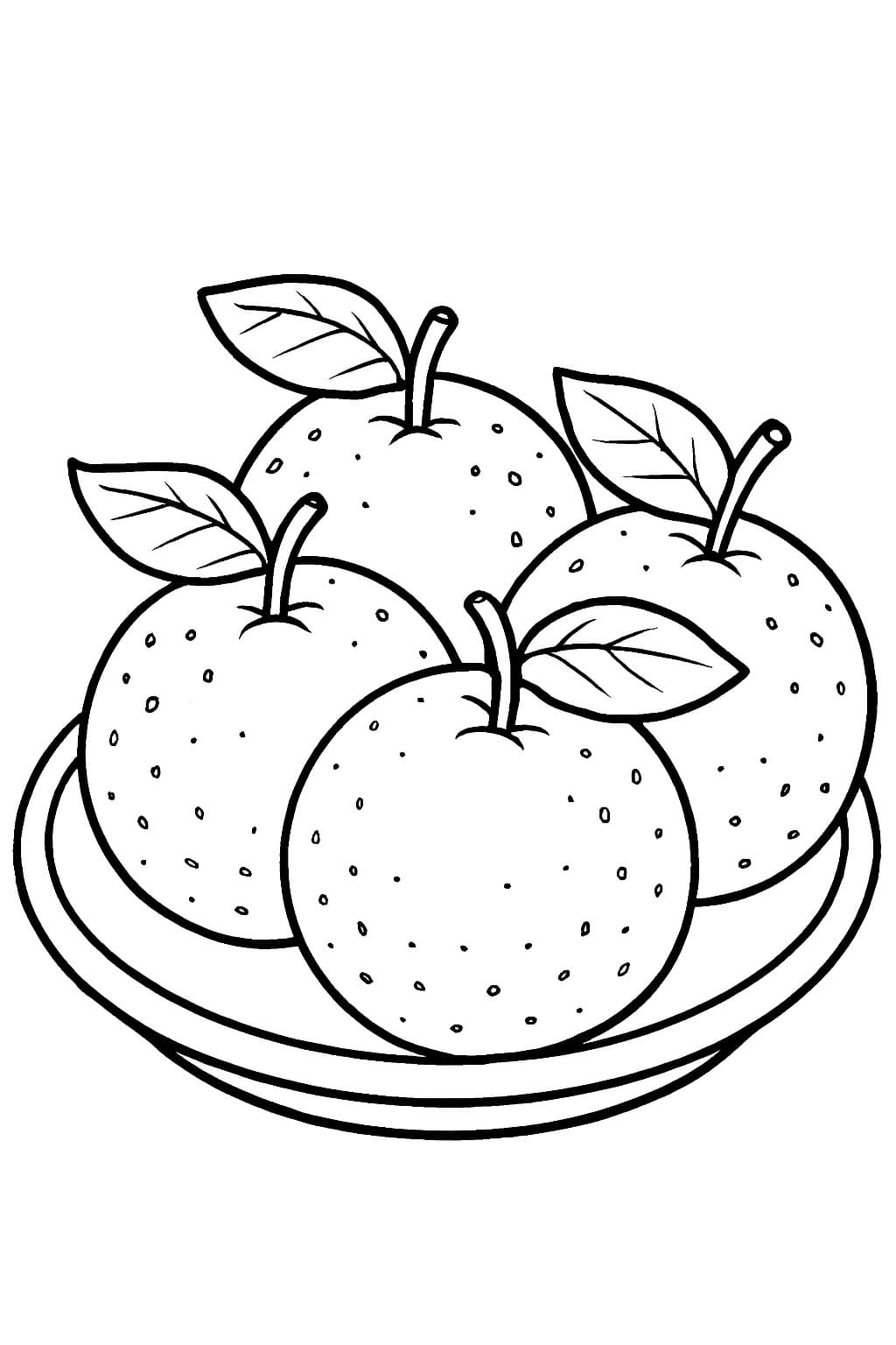 Quattro arance su un piatto da colorare