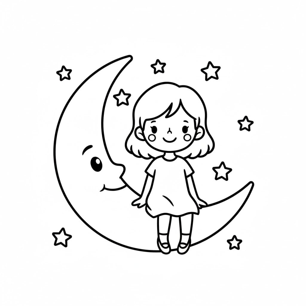 Ragazza seduta sulla luna da colorare