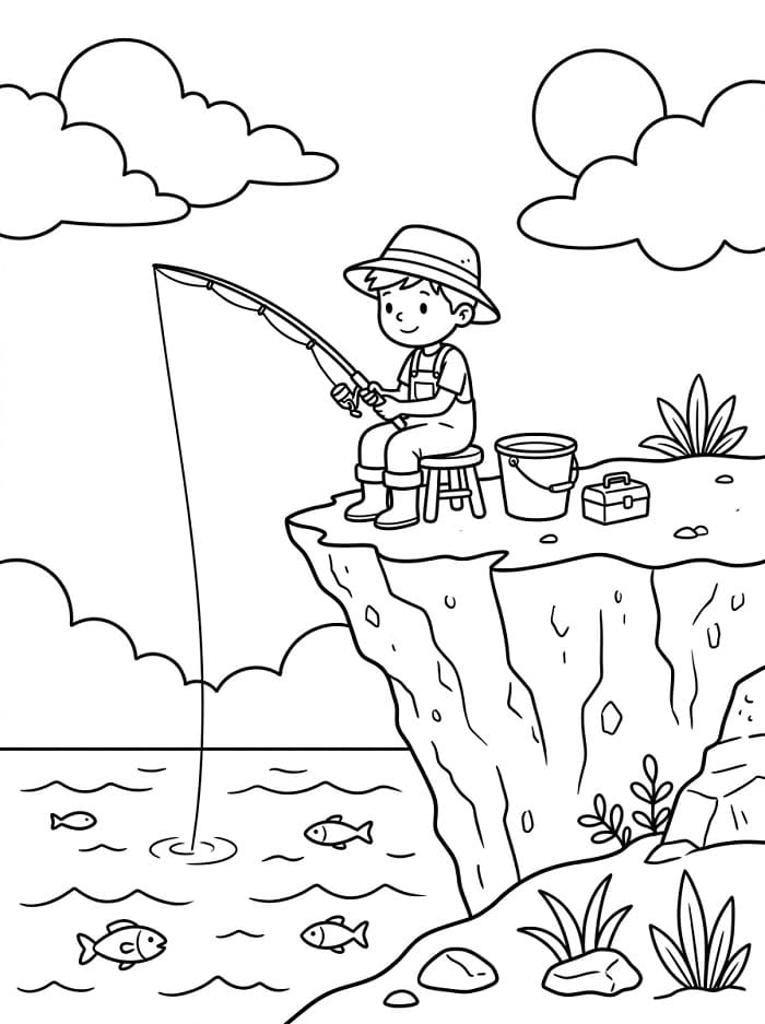 Ragazzo che pesca da una scogliera da colorare