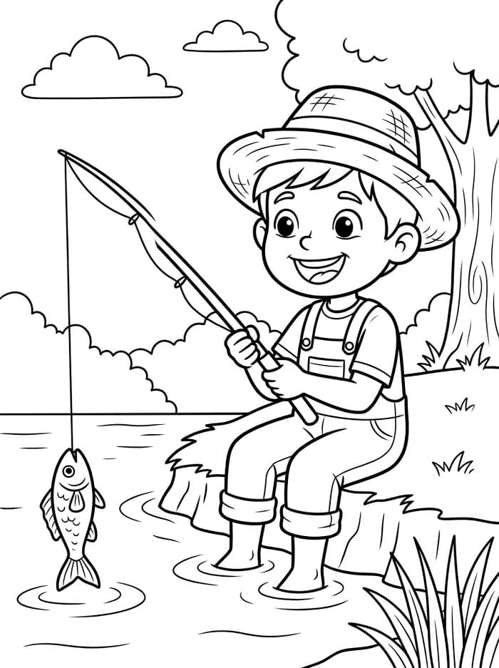 Ragazzo che pesca da colorare