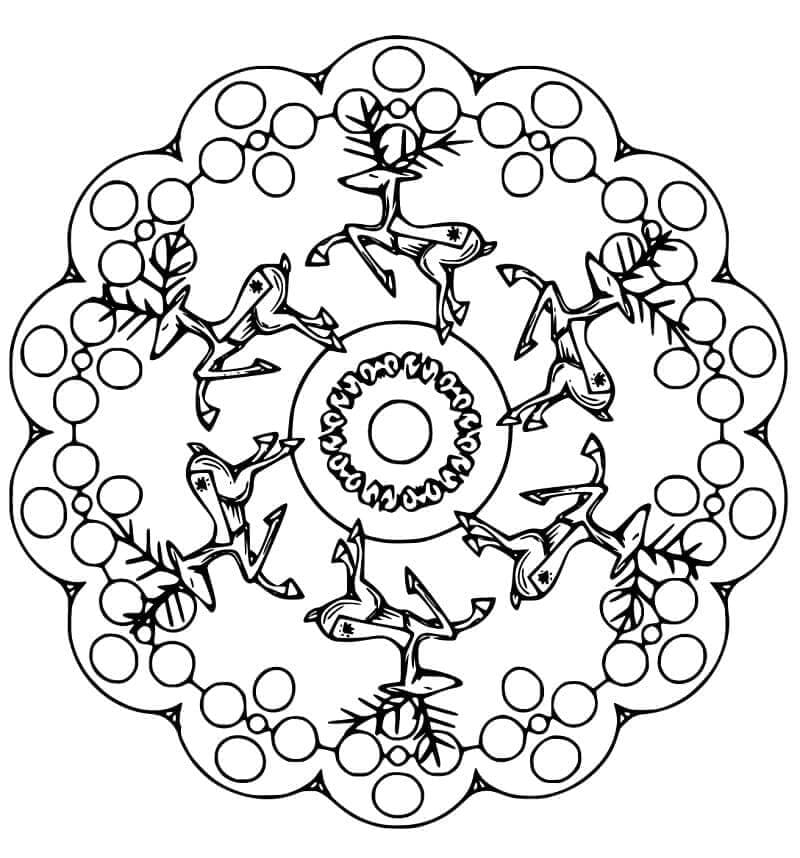 Renne che corrono sull'albero Mandala di Natale da colorare