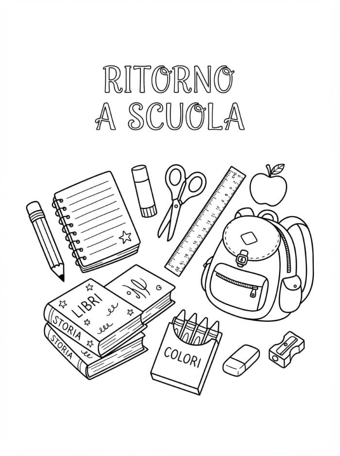 Ritorno a Scuola Immagine del Materiale Scolastico da colorare
