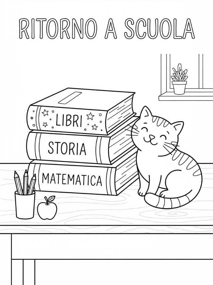 Ritorno a Scuola Libri e Gatto da colorare