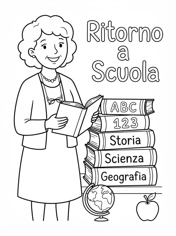 Ritorno a Scuola Libri e Insegnante da colorare