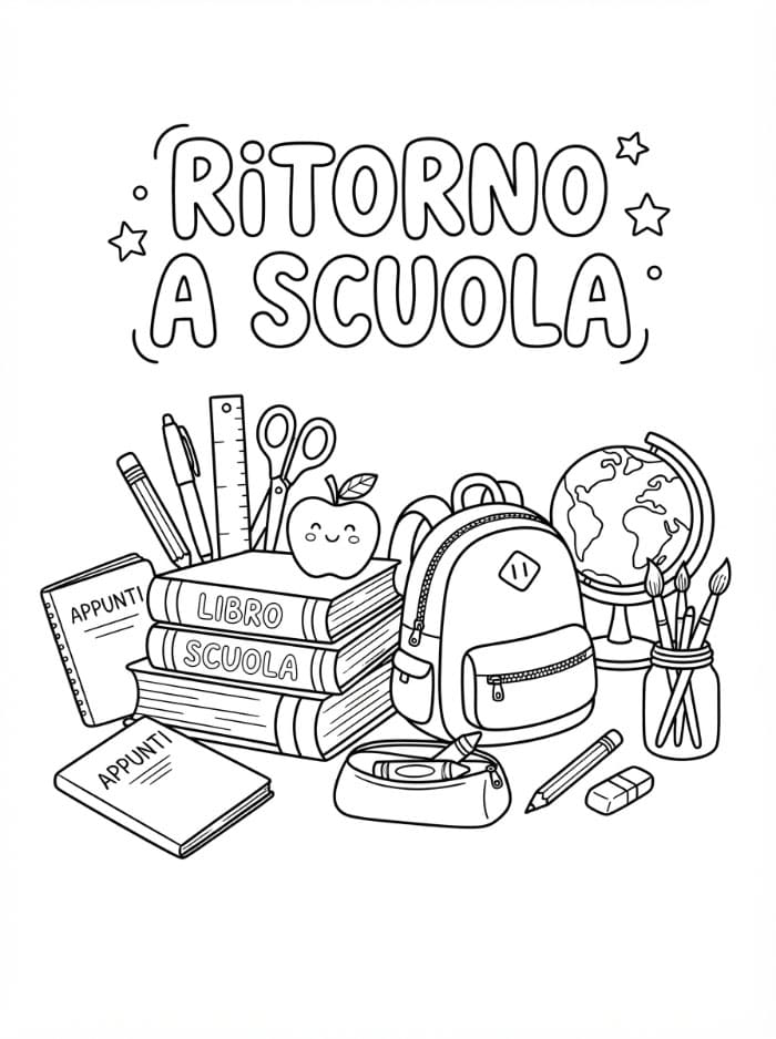Ritorno a Scuola Libri e Materiale Scolastico da colorare